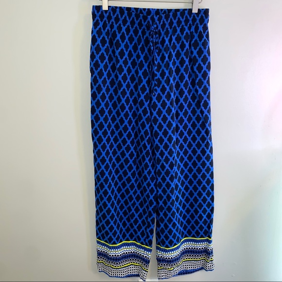 Crown & Ivy royal blue wide leg pants Moroccan geometric print POCKETS sz Small - Picture 1 of 7